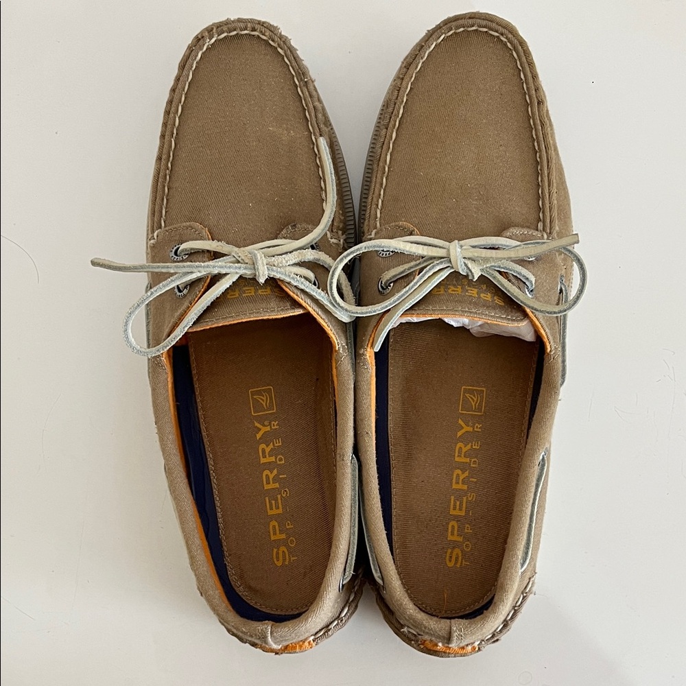 Sperry Men's Brown Canvas Boat Shoes with White Laces